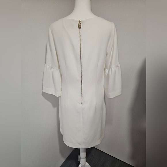 Sail to Sable Elegant Crisp White Bell Sleeve Midi Dress Gold Accents Size 10 - Picture 5 of 9